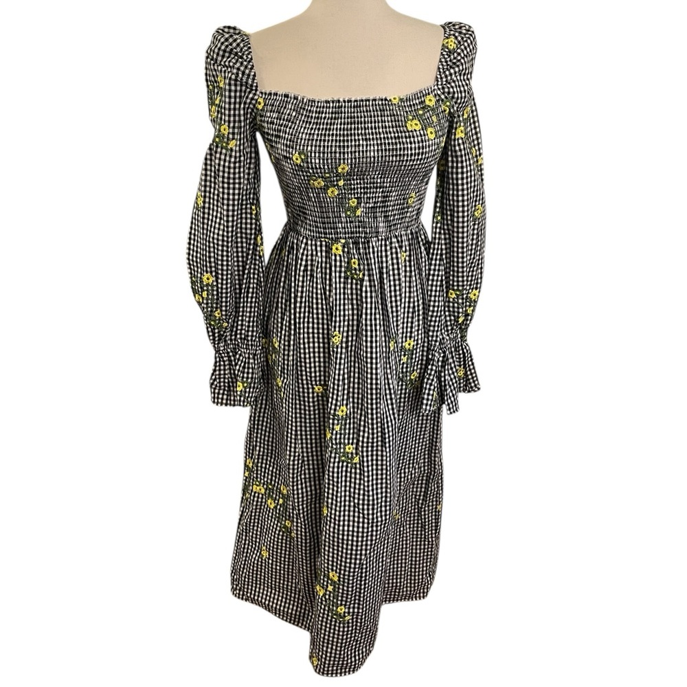 NEVER FULLY DRESSED Gingham Embroidered Floral Midi Peasant Dress